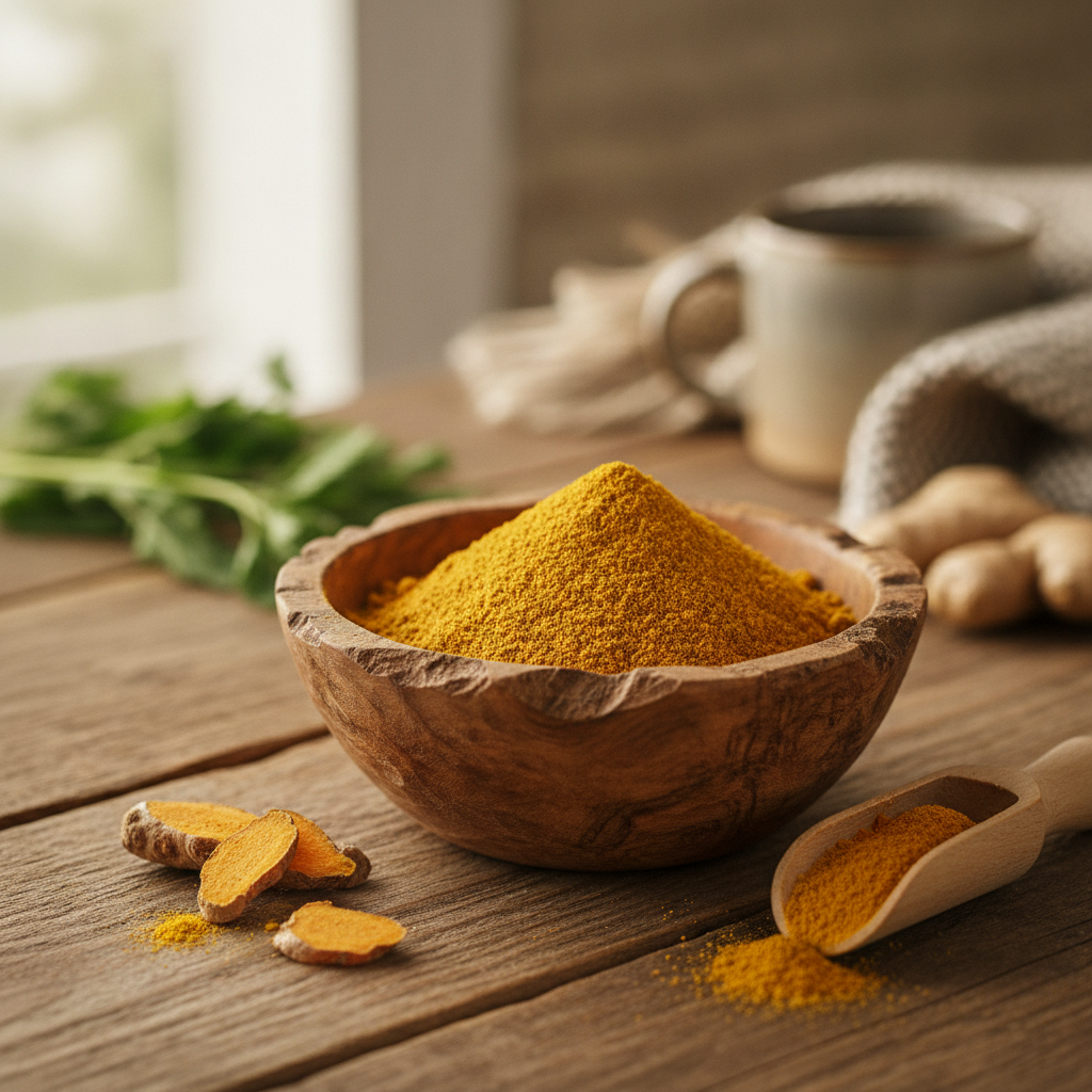 golden herbal root powder wooden bowl close up