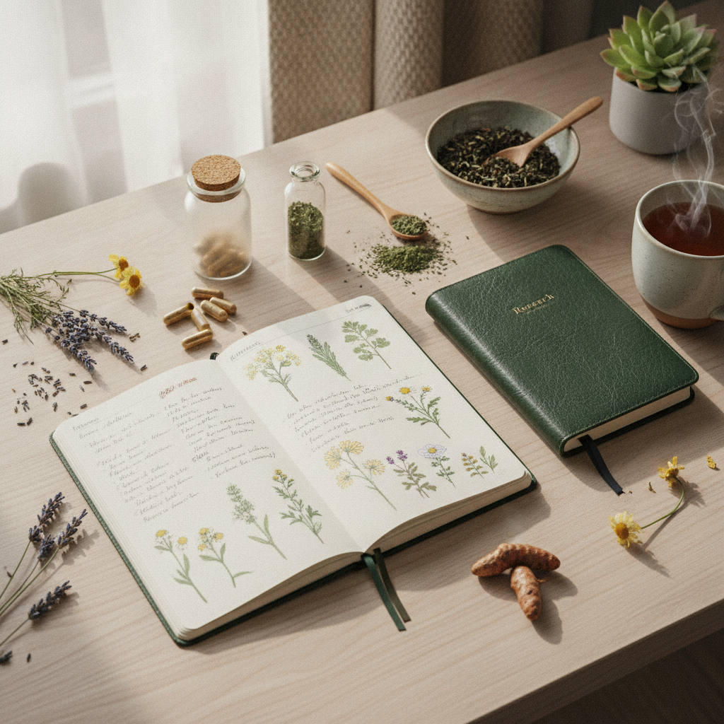 research journal and herbal capsules flat lay desk