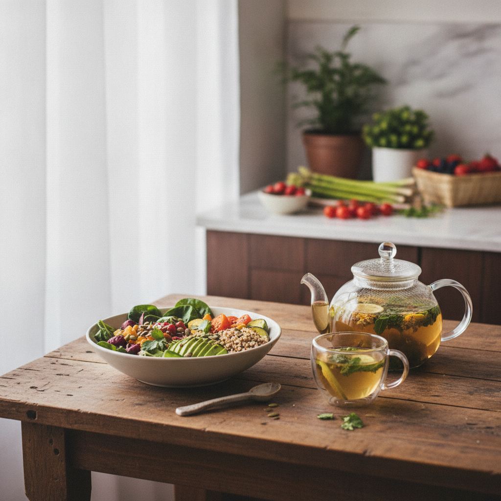colorful vegetable meal bowl herbal tea kitchen table