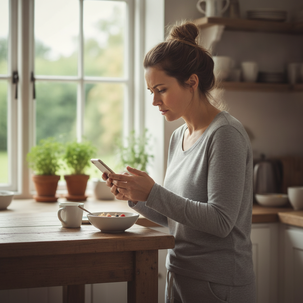 stressed woman glancing at phone kitchen morning