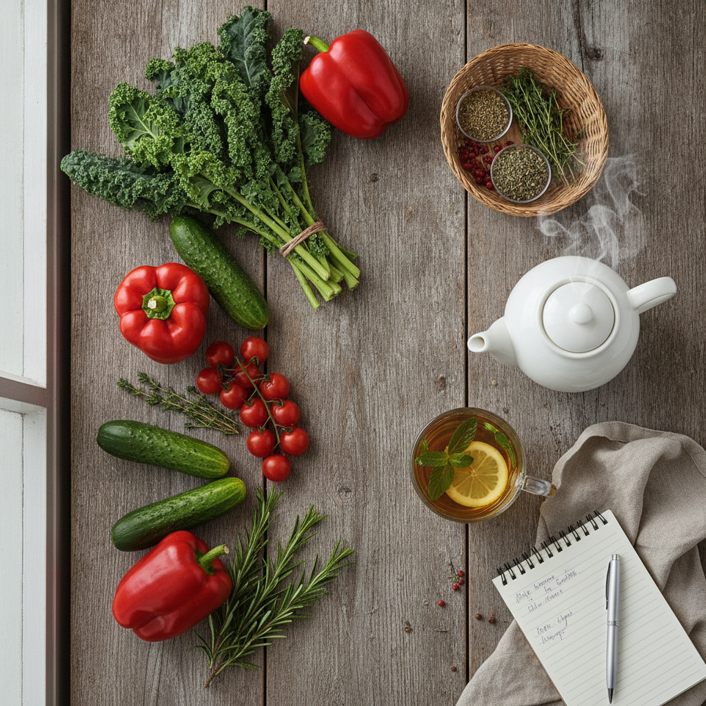 fresh vegetables and herbal tea flat lay wooden table