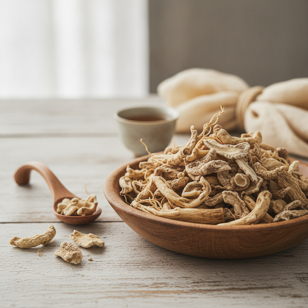 dried ginseng root herbal ingredients wooden bowl