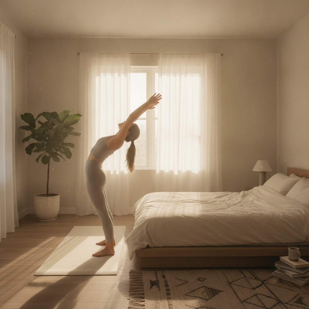 woman stretching sunrise bedroom calm routine