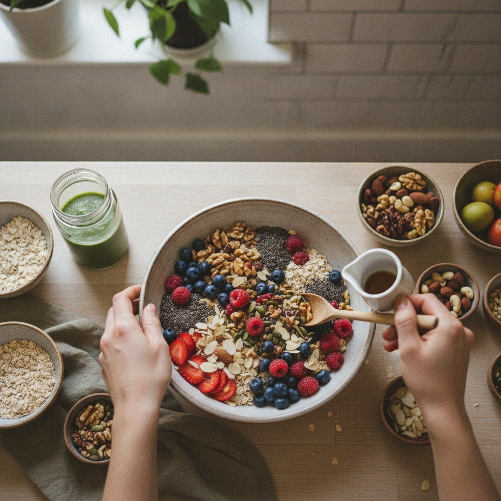 woman preparing high-fiber breakfast bowl overhead kitchen