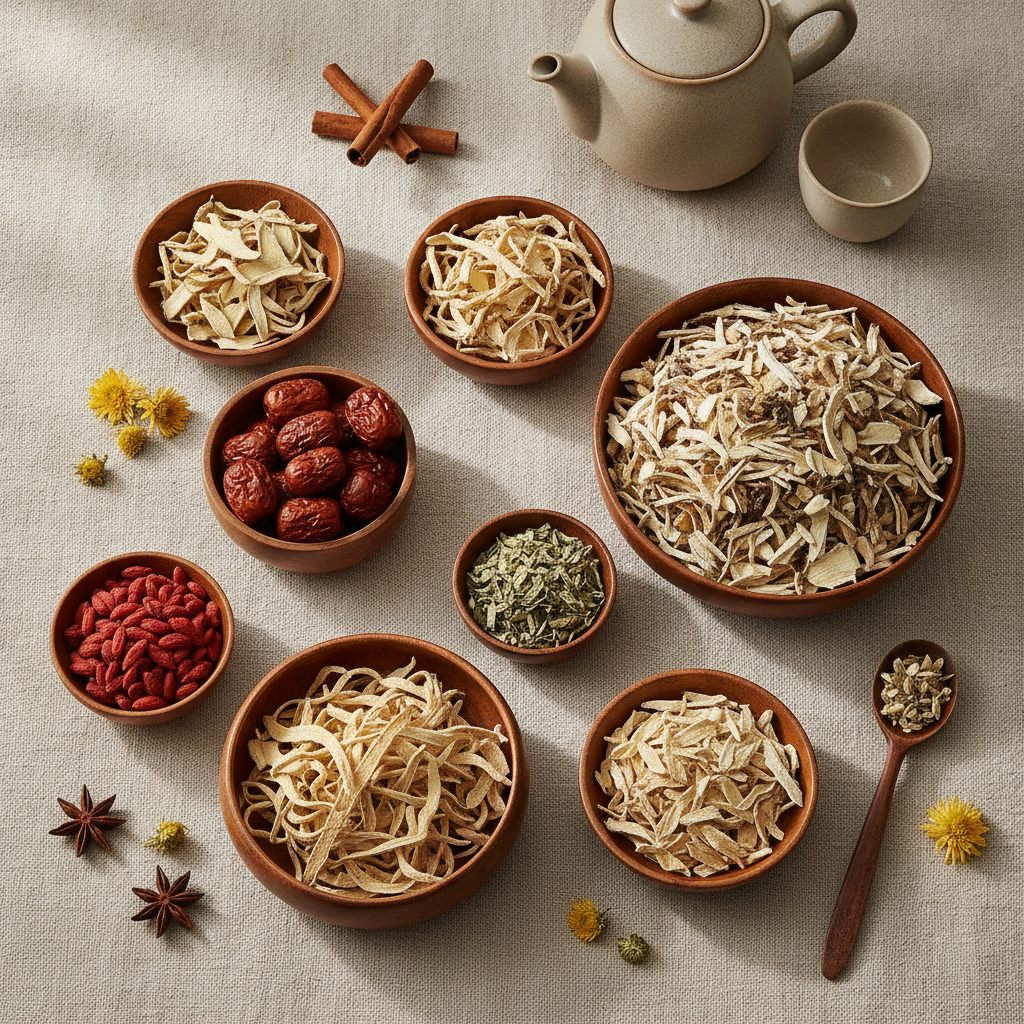 assorted dried Korean herbs wooden bowls flat lay