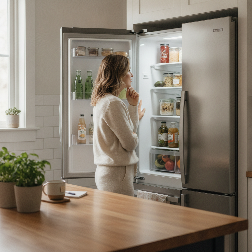 woman staring thoughtfully at open fridge kitchen