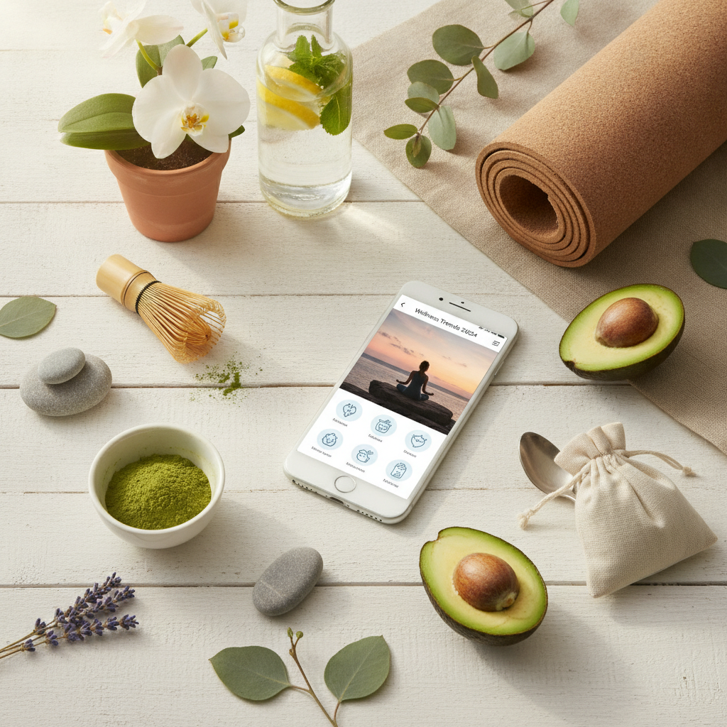 smartphone social media wellness search flat lay