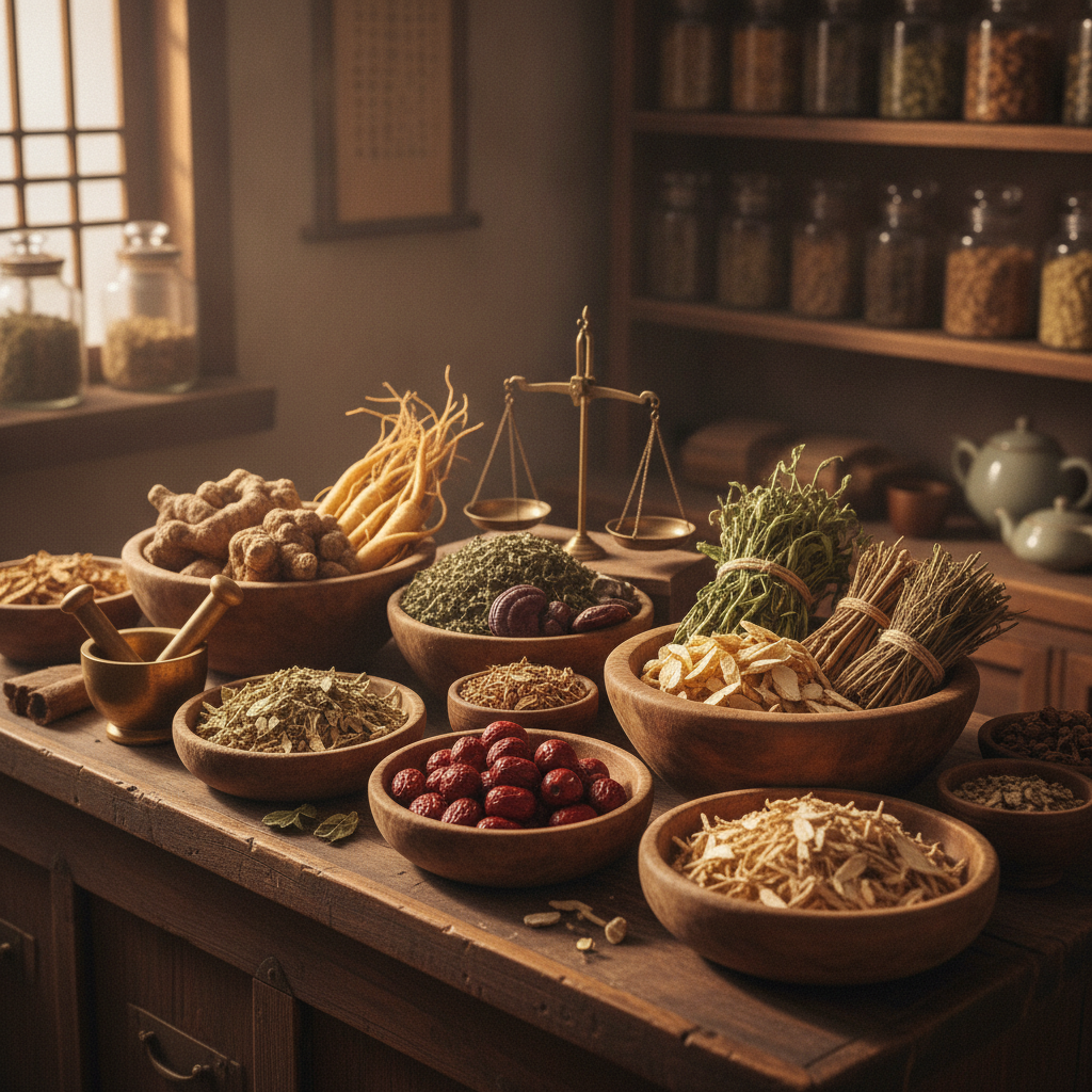 dried Korean medicinal herbs wooden bowls apothecary