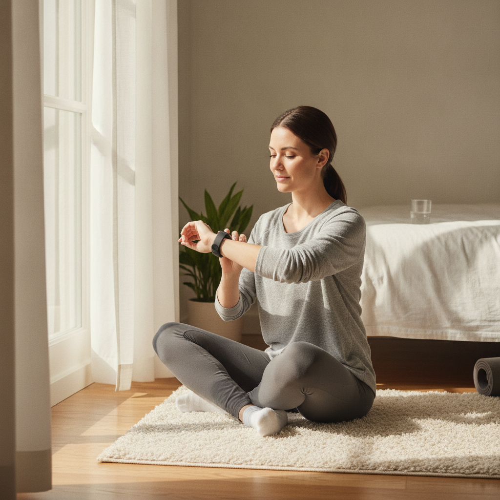 woman checking fitness tracker smartwatch morning
