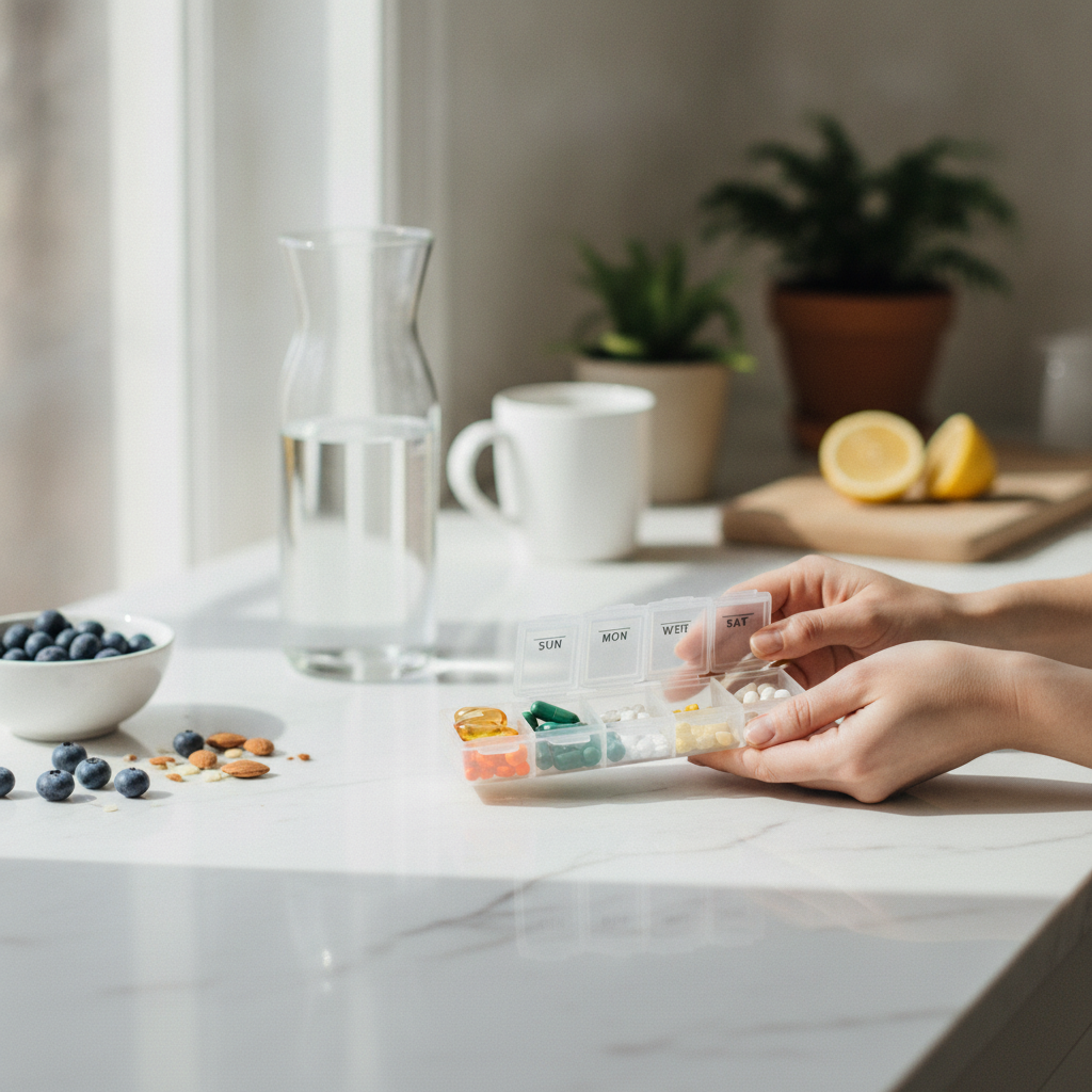 hands holding pill organizer kitchen counter