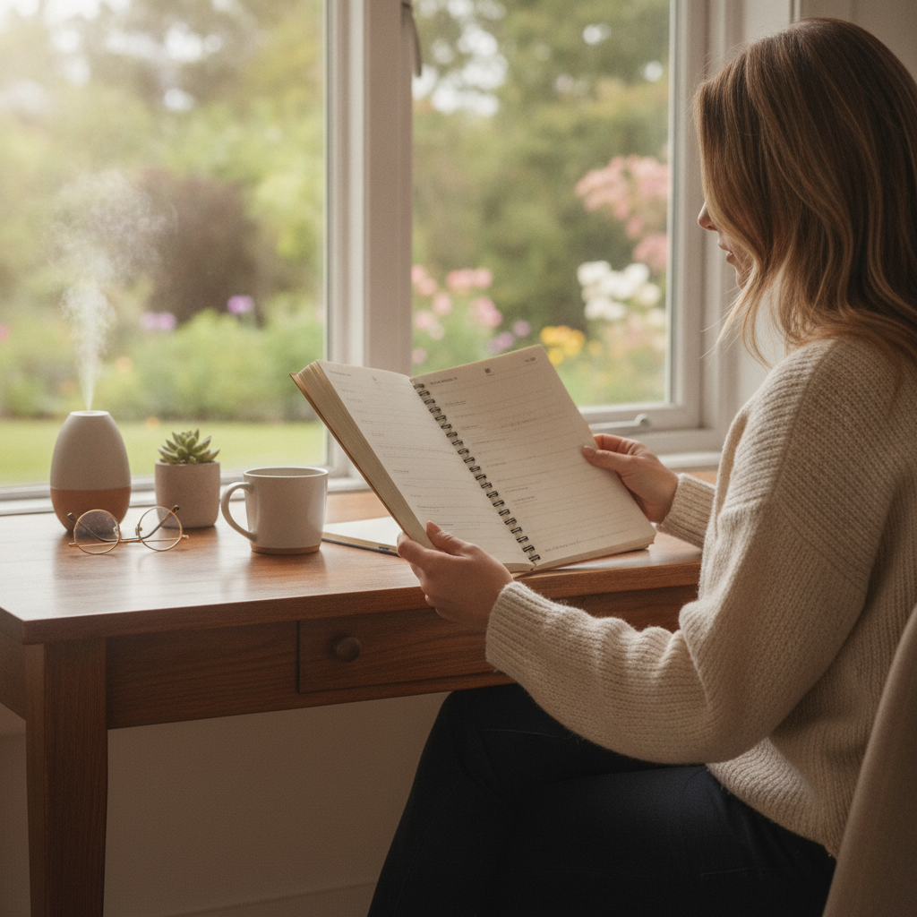 person reading medical chart notebook desk