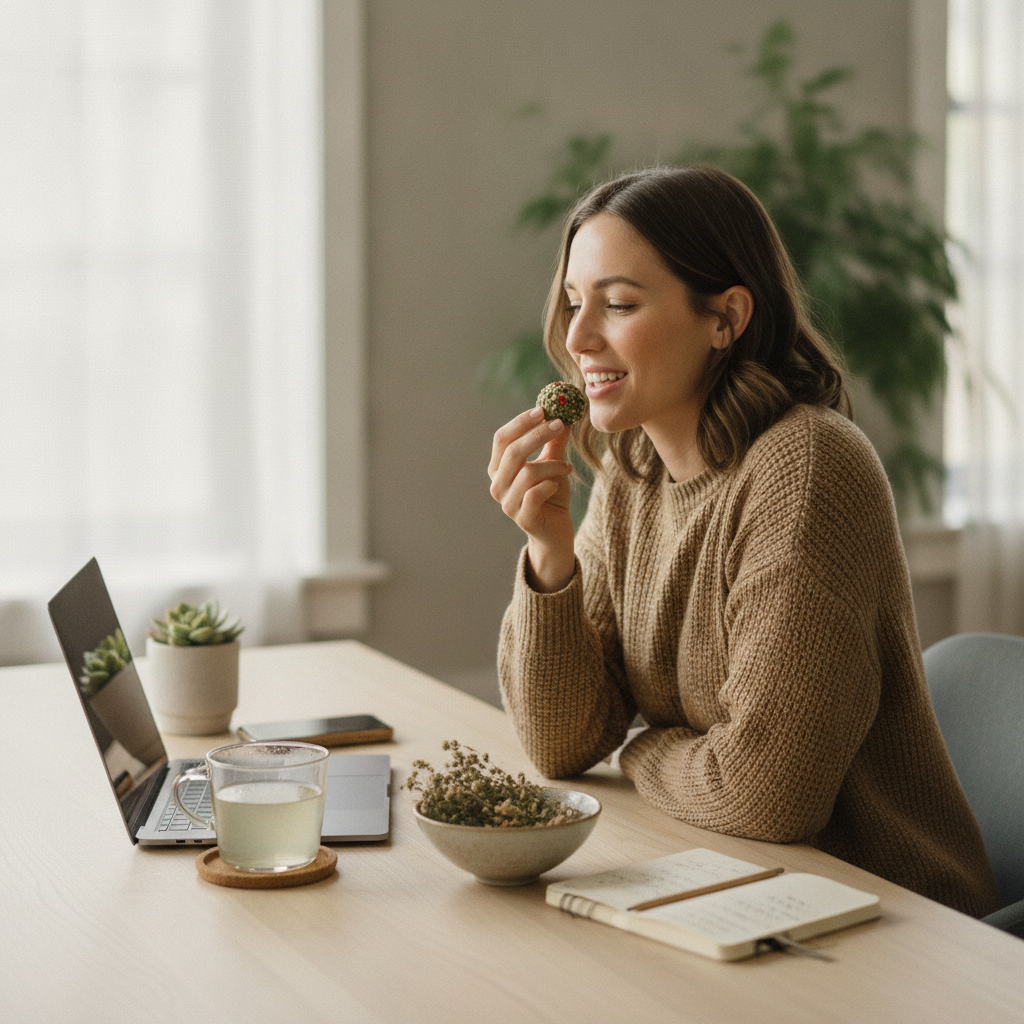 woman enjoying herbal snack office desk daylight