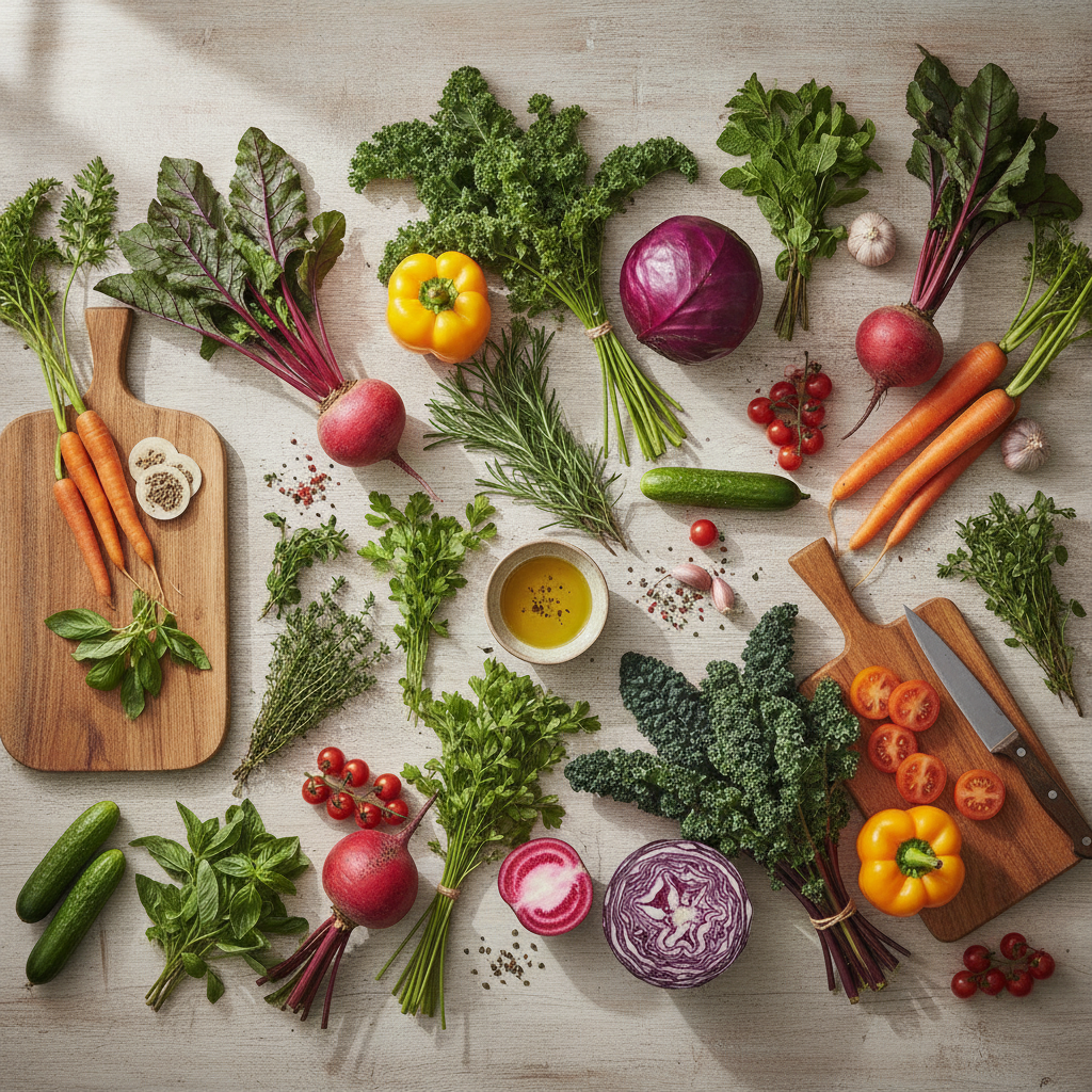 colorful vegetables and herbs flat lay kitchen counter