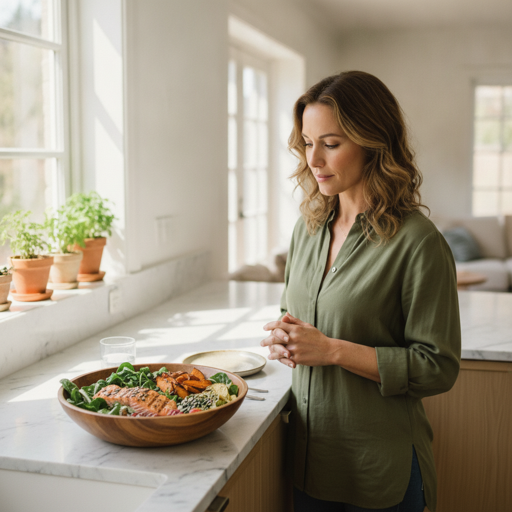 woman looking thoughtfully at healthy meal kitchen