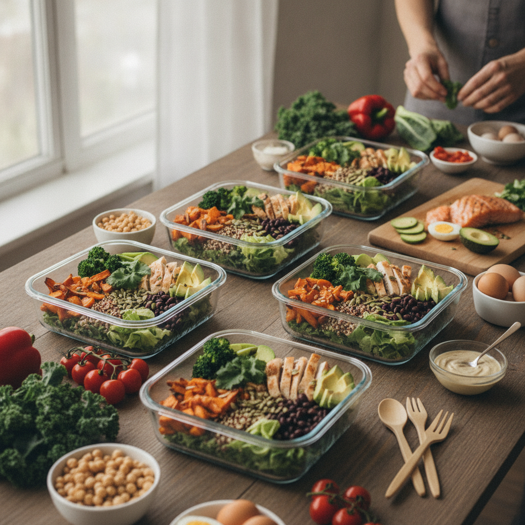 fresh vegetables protein bowl meal prep table