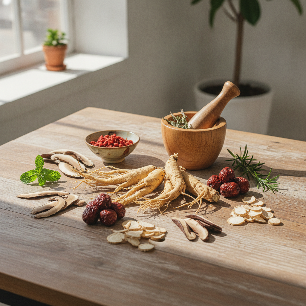 dried korean herbs ginseng roots wooden table flat lay
