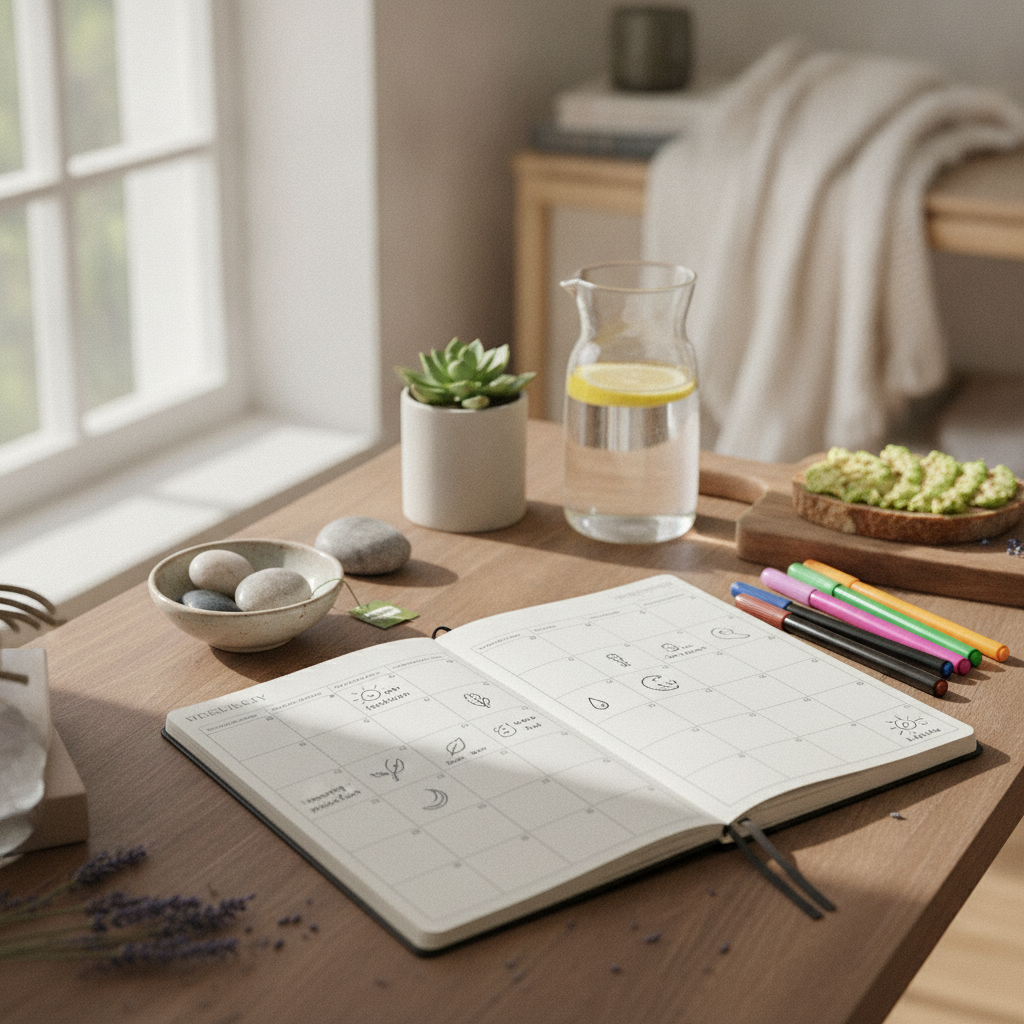 calendar journal tracking wellness habits on desk