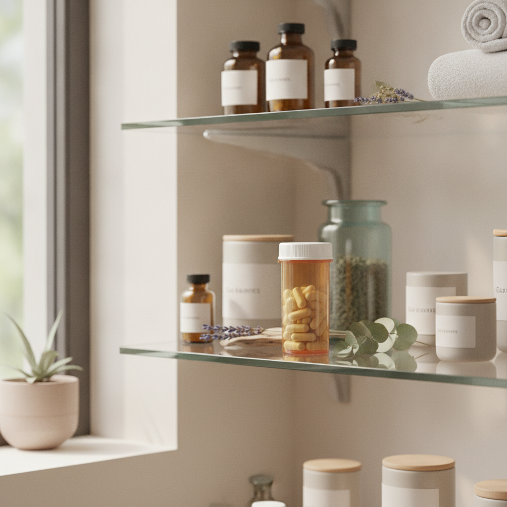 pharmacy shelf prescription bottle soft light