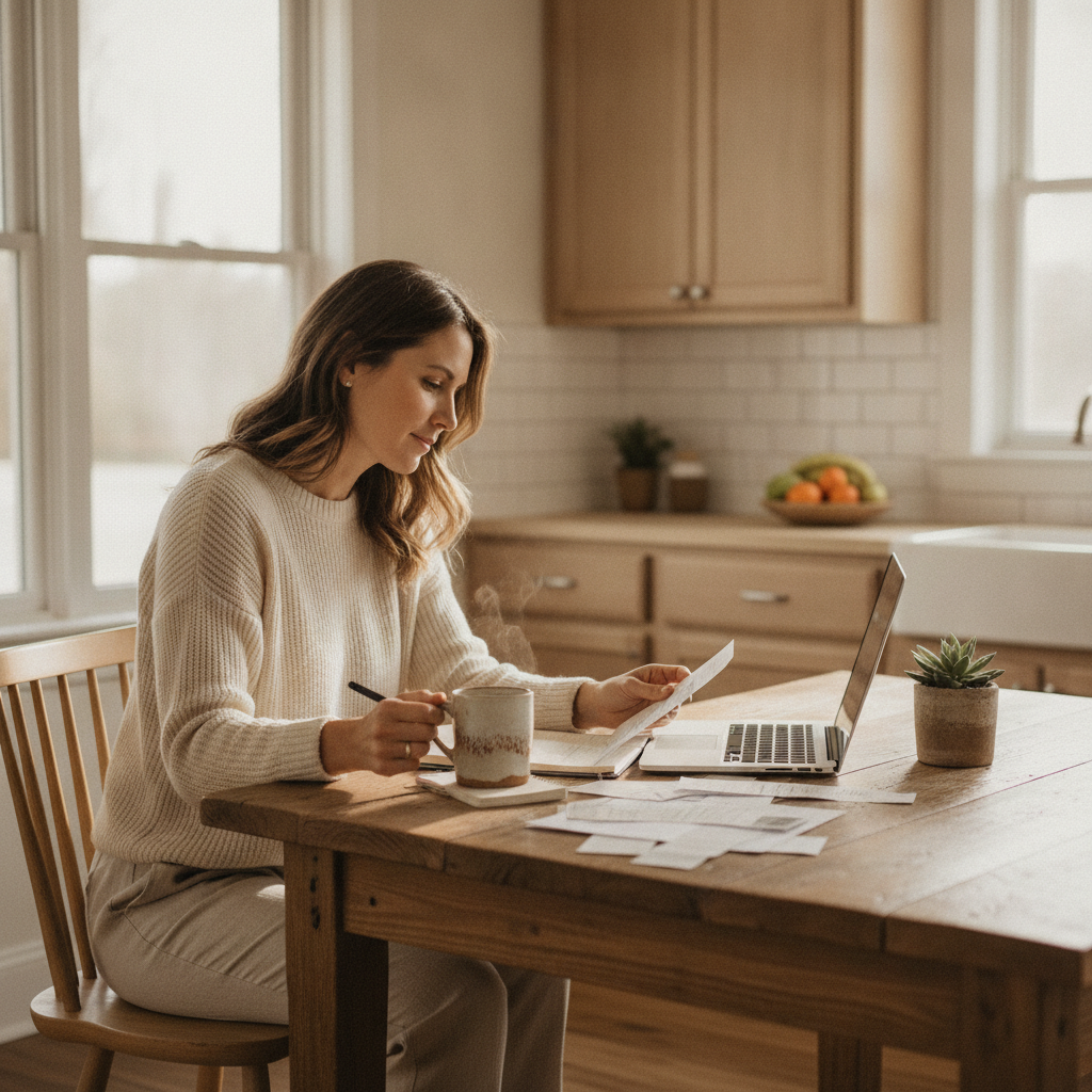 woman reviewing bills laptop kitchen table