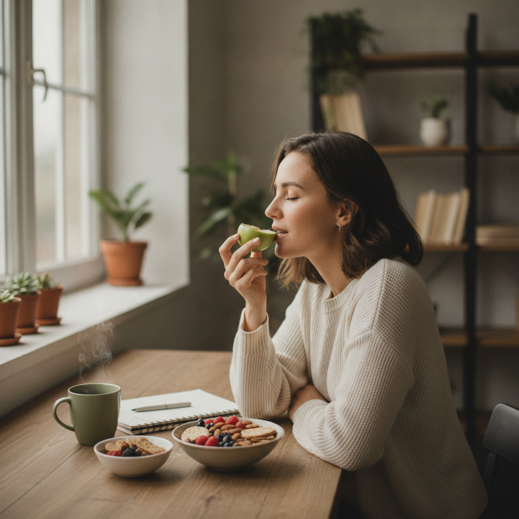 woman snacking mindfully afternoon desk break
