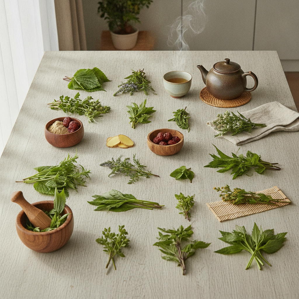 fresh Korean herbs wooden table flat lay
