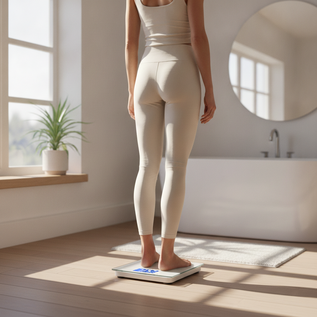 woman stepping on scale bathroom morning light