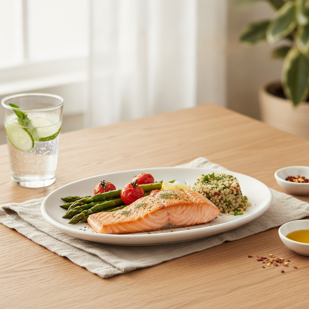 small high protein meal plate salmon vegetables table