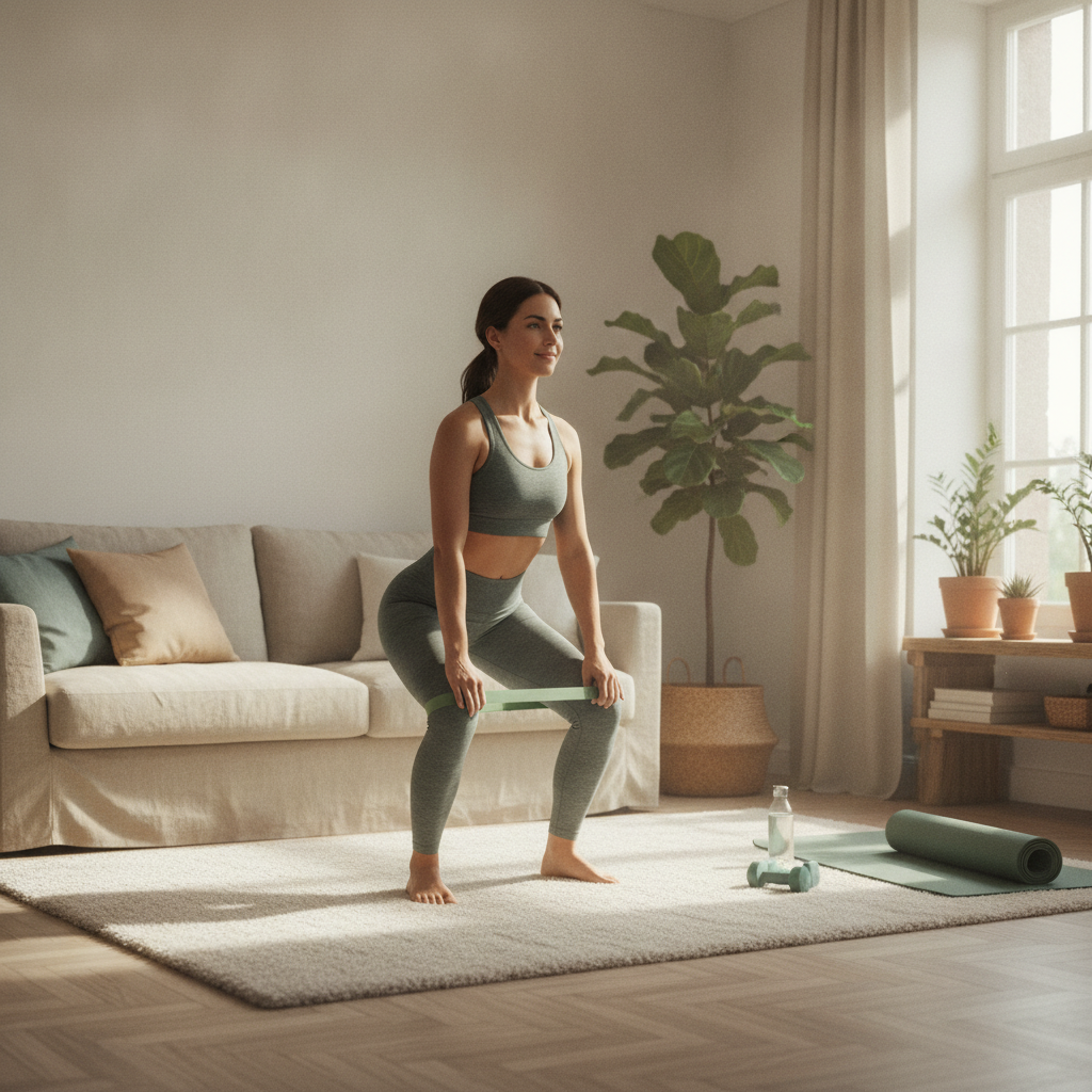 woman resistance band workout home living room