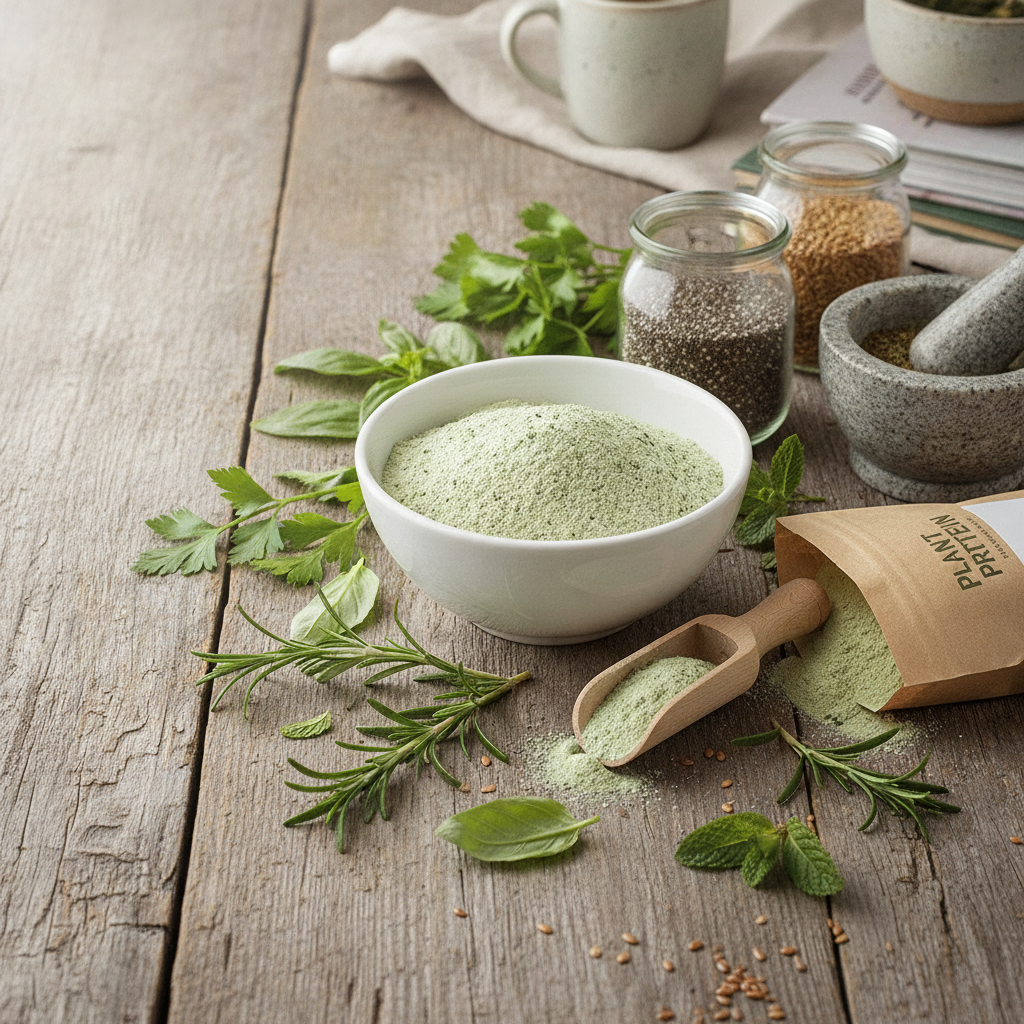 fresh herbs and plant protein powder wooden table flat lay