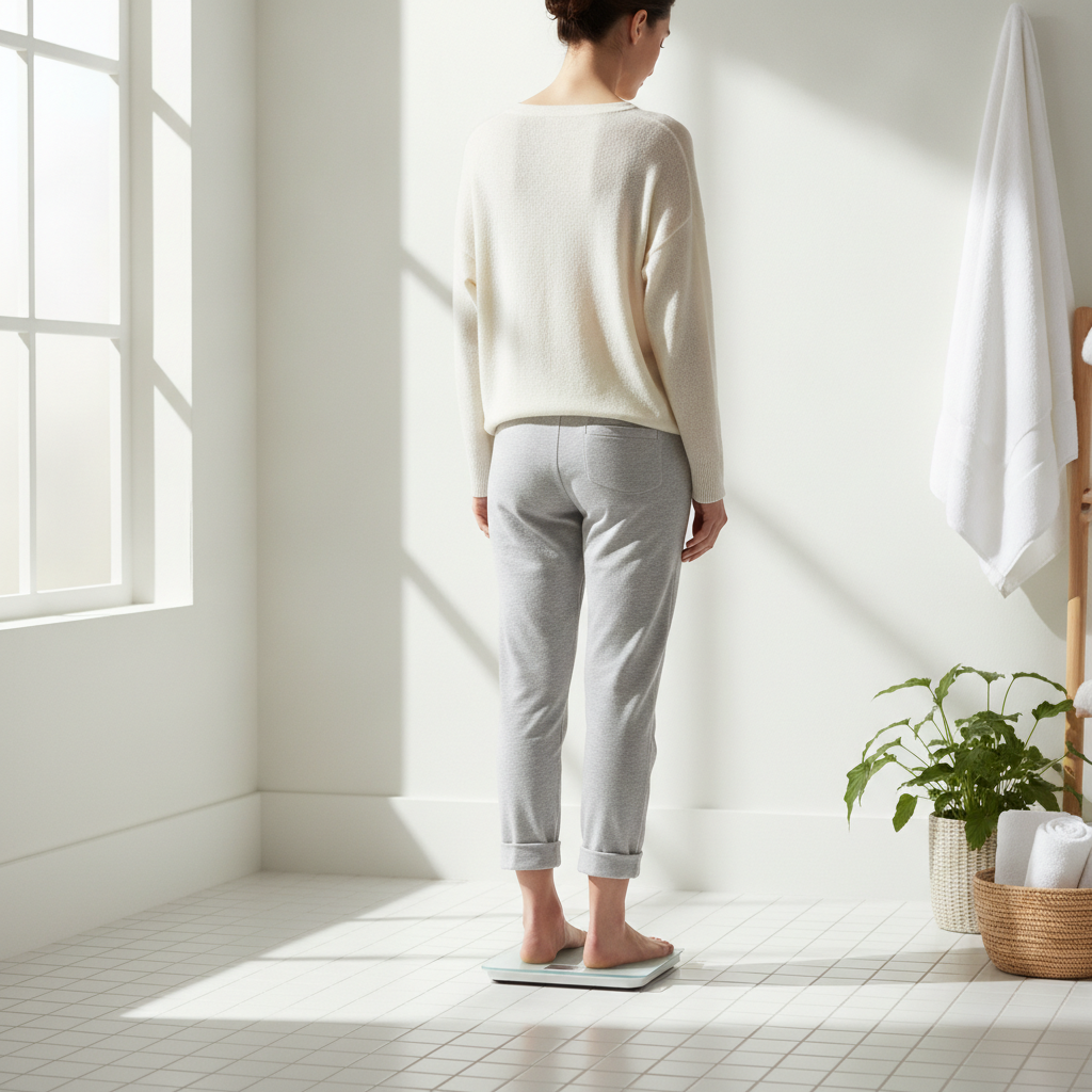 woman stepping on scale bathroom morning light