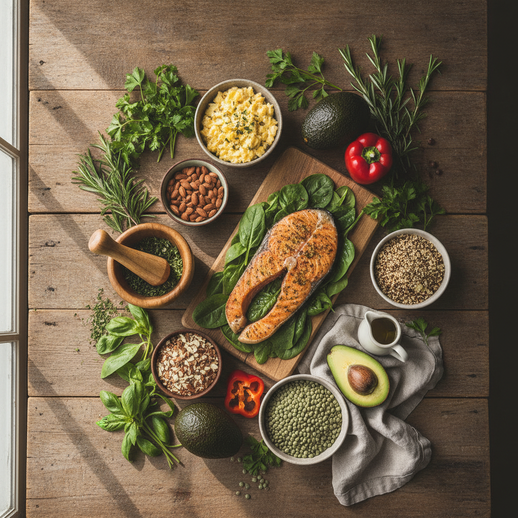 fresh herbs and protein rich foods flat lay wooden table