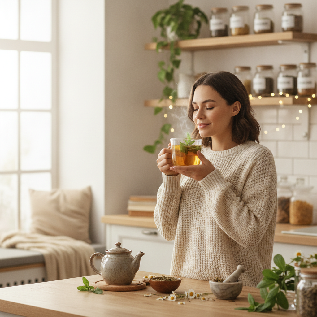woman drinking warm herbal drink kitchen morning routine